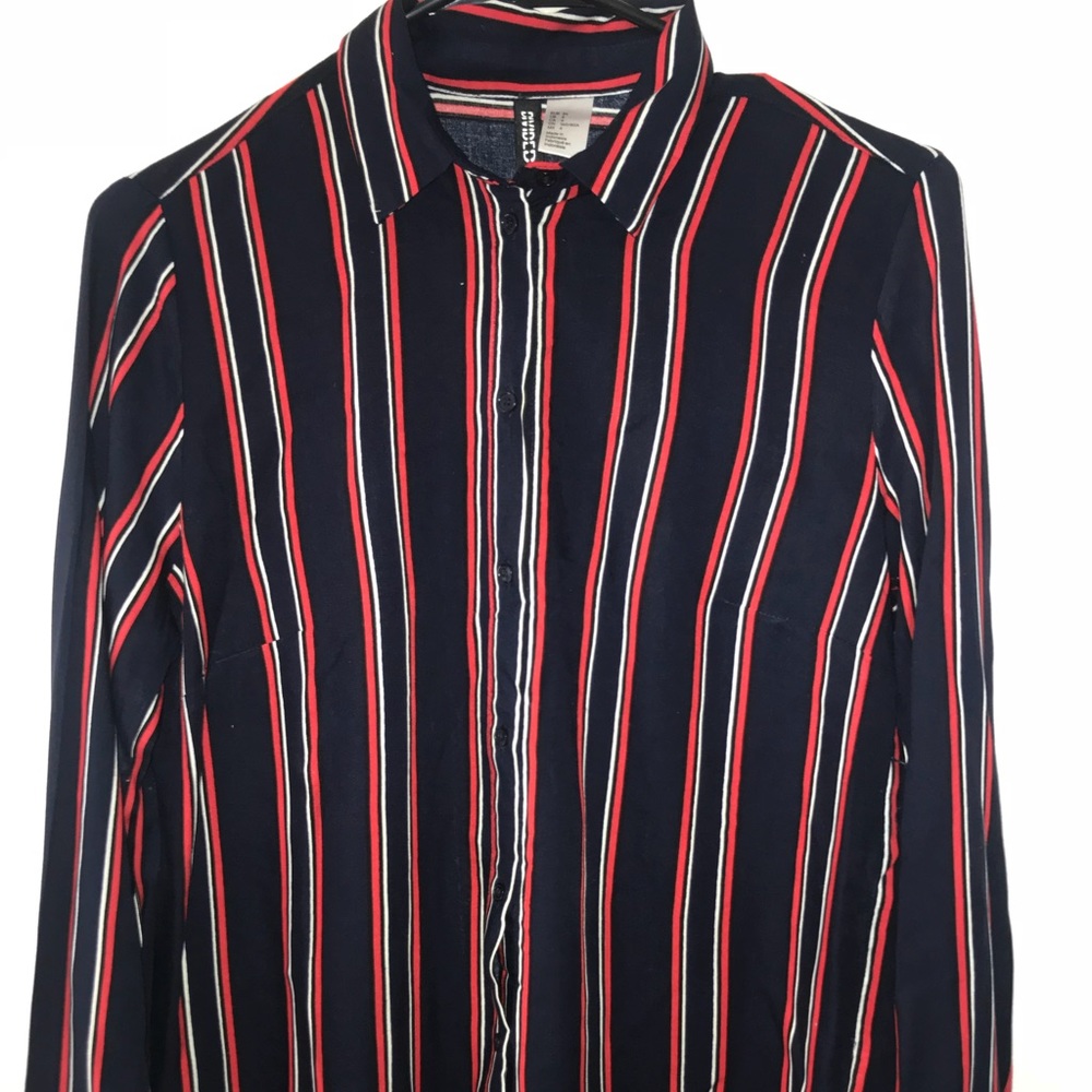 Red, white, navy blue button down shirt